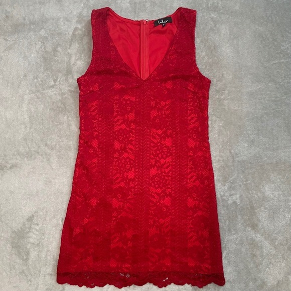 Lulus Red Lace Mini Dress Women Size M Sleeveless V-Neck Shift Coquette Romantic - Picture 4 of 11